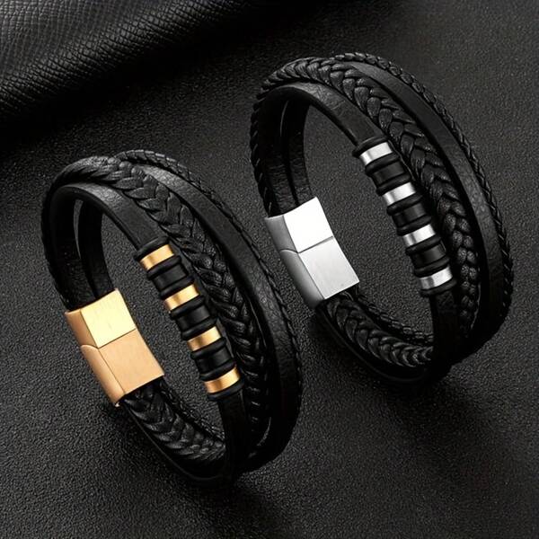 1pc Men's Punk Style Braided Faux Leather Bracelet - Adjustable Black Layered Wristband With Metallic Accents For Casual & Party Wear, Street Style Jewelry |   Sleek Modern Bracelet |   Stylish Clasp Design
