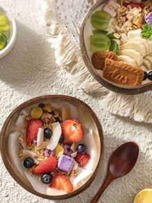 1pc Natural Coconut Bowl And Wooden Spoon Set, Healthy Vegetarian Salad Bowl, Milkshake Bowl, Naturally Beautiful And Heat-Resistant - Suitable For Rice, Soup, Noodles, Kitchen And Dining Utensils, Tableware Accessories, Handmade Coconut Shell Bowl With Wooden Spoon Set, Cork Material, Very Suitable For Salad, Fruits And Grains, Coconut Bowl