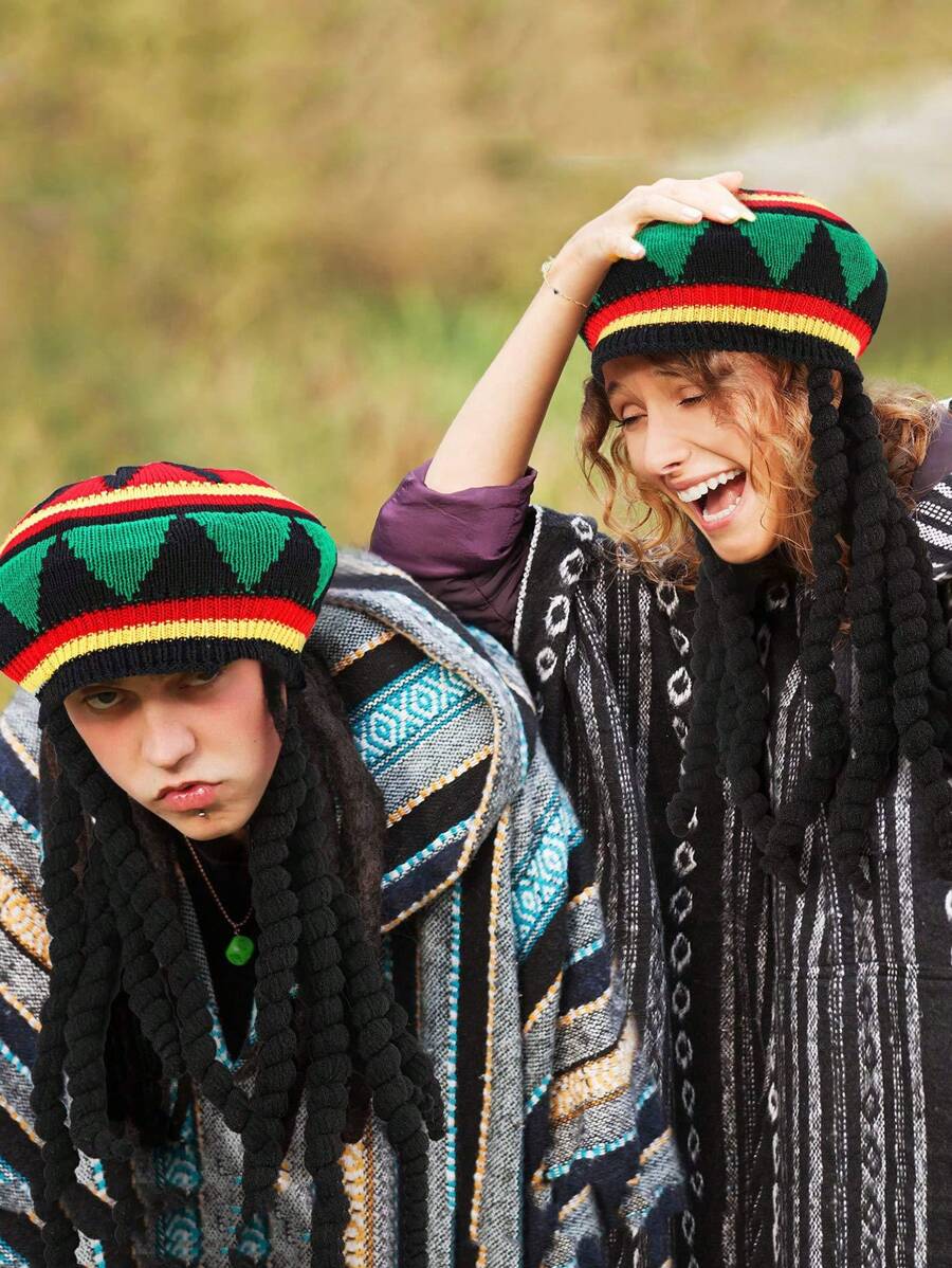 Unisex Braided Wig Knit Hat Beret Jamaica Rasta Beanie For Halloween, Suitable For Everyday Wear And Parties