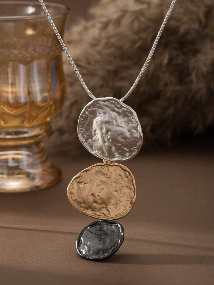 Asymmetrical Textured Bohemian Gothic Style Platinum & Black Pendant Y-Necklace, Versatile For Daily Wear, Party, Music Festival, Gathering, Holiday Gift