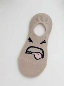 5 Pairs Women Cartoon Expressive Graphic Casual Short Socks, Summer Thin Silicone Anti-Slip Invisible Ankle Socks