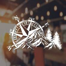 1 Pc Compass Mountain Forest Vinyl Decal, Waterproof Traveling Adventure Style Sticker For Off-Road Vehicle RV Camper Trailer Caravan