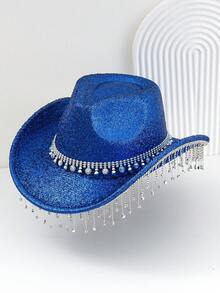 1pc Unisex Metallic Shine Solid Color Cowboy/Cowgirl Hat With Colorful Gems Studded Belt, Bling Tassel Accent, Suitable For Birthday Party, Western Theme Event, Gathering, Cosplay, Graduation, Masquerade, Festival, Wedding, Birthday Celebration, Music Festival, Coming Of Age Ceremony Thanksgiving Christmas Winter Holiday Outfit Women