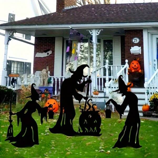 3pcs Weird Metal Witch Garden Art Garden Stakes, Outdoor Halloween Lawn Decorations