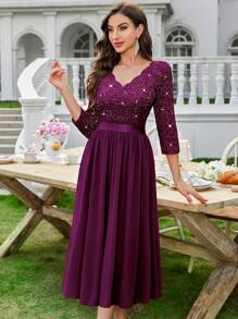 MIUSOL Elegant V-Neck Sequin Floral Lace Ruched Chiffon 3/4 Sleeve Evening Party Long Dress
