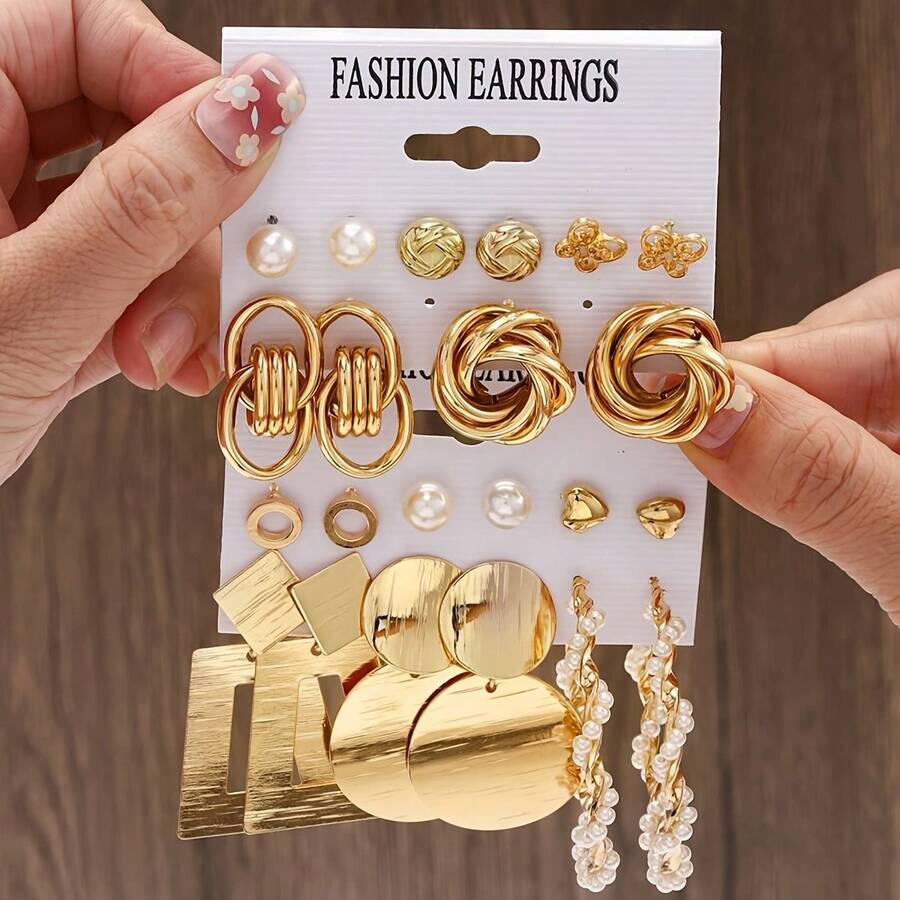 10-Piece Vacation Simple Exaggerated Europe And The United States Metal Wind Butterfly Flower Twist Polygonal Imitation Pearl Ladies Earrings Earrings Set Women's Party Travel Holiday Essential Dating - Vàng - Xem 1