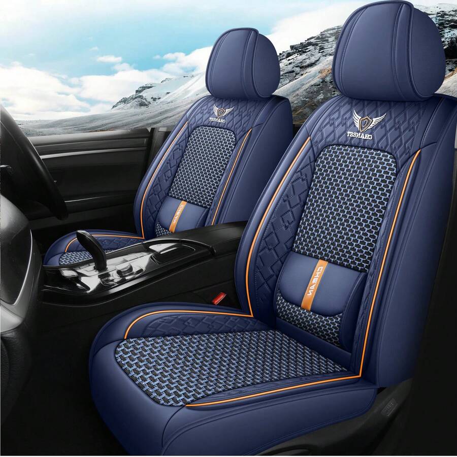 Breathable Luxury Nappa Leather + Ice Silk Car Seat Cover 4 Season Use Front Back Rear Cushion Full Wrapped Protector Universal Fit For 95% Cars SUV Truck - Blue - View 1