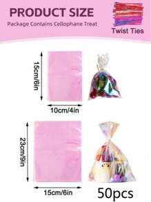 50 pièces Sacs en cellophane pour friandises, sacs en cellophane irisés holographiques, sacs à cadeaux avec liens torsadés, pour fête d'anniversaire, mariage, Fête des mères, Noël, Saint-Valentin