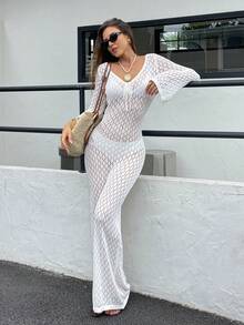 FOR BEAUTY V-Neck Sexy Hollow-Out Long Sleeve Knitted Beach Dress, Slim-Fit Lightweight With Sheer Effect, Suitable For Beach, Seaside, Swimming, Music Festivals, Vacation, Etc. - White - View 9