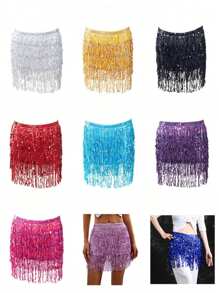 1 pieza Falda envolvente para la cintura con flecos brillantes, falda de 4 capas con flecos de lentejuelas para danza del vientre, danza latina, actuaciones de danza, adecuado para Halloween, carnaval, fiestas de baile, accesorios decorativos para la cintura