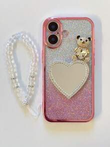 闪亮粉色手机壳带熊镜白色手链手机壳适用于 Apple Galaxy Moto OPPO XiaomiApple 16/15/14/13/12/11Pro/Pro Max/Plus GalaxyS25/S/24/S23/S22/S21/S20Ultra/Plus/时尚高端手机壳 - 粉色 - 查看 6