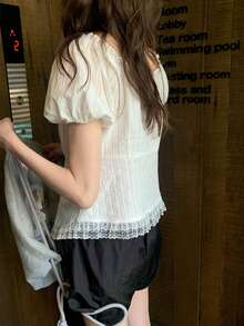 Sweet Girl Puff Sleeve Lace Trim Tie Waist Slim Fit White Blouse