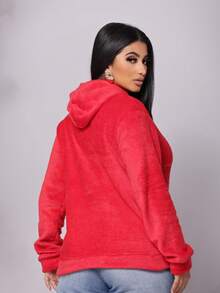COLD COAT FUR SWEATSHIRT WITH HOOD AND POCKET Simple Casual Tweed Pocket Beach WINTER - Merah - View 4