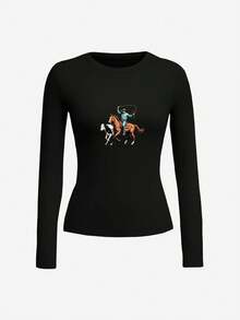 Cowboy On Horseback Swinging Lasso Women's Fashion Long Sleeve Shirt,Y2K, Streetwear, Casual, Rock,Crew Neck,Tee For Women, Holiday, Vacation,Festival,Daily Wear,Outfit Tops - Black - View 1