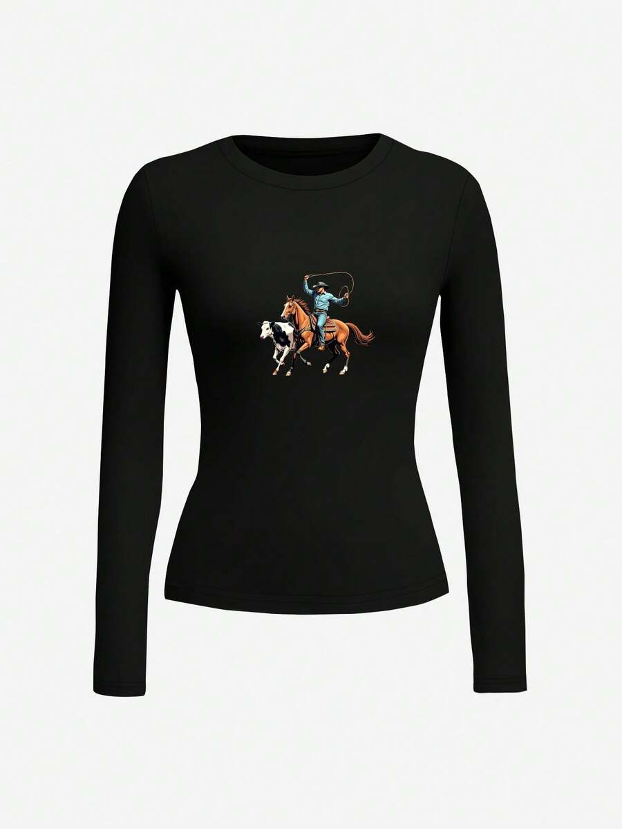 Cowboy On Horseback Swinging Lasso Women's Fashion Long Sleeve Shirt,Y2K, Streetwear, Casual, Rock,Crew Neck,Tee For Women, Holiday, Vacation,Festival,Daily Wear,Outfit Tops - Black - View 1