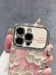 1pc 11 12 13 14 Pro Max 15 16 17 Pro Max Electroplated Phone Case, Silver Big Window - Pink Base Crayon Flower Design - Multicolor - View 2