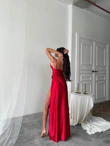 Women's Solid Color Elegant Backless Split Ruffle Hem Dress, Formal Wedding Party Evening Gown - Red - View 4