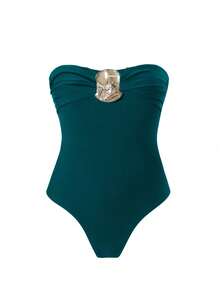 Bikinx Women's Summer Beach Solid Color Ruched Detachable Strap Metal Decor Sexy One-Piece Swimsuit Vacation - Teal Blue - View 3