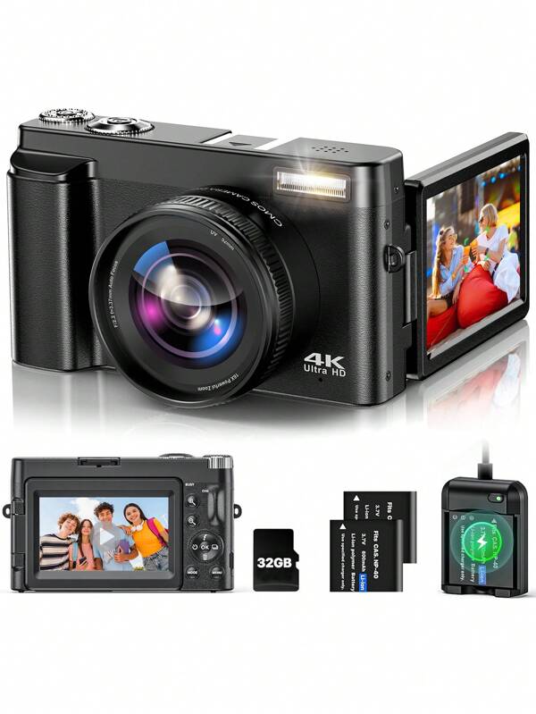 Nicamery Cámara digital 4K, cámara de fotografía de 48MP con enfoque automático, pantalla de 3 pulgadas giratoria 180°, cámara antivibración 16X para vlogging, cámara mini para fotografía y video, incluye tarjeta SD de 32 GB, 2 baterías y cargador de baterías