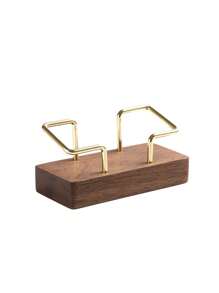 1/2pcs Desktop Self-Adhesive Memo Paper Organizer Holder With Business Card Rack, Black Walnut Simple Hollow Metal Memo Pad Holder