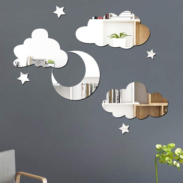 8Pcs 3D Acrylic Cloud & Star Mirror Stickers - Self-Adhesive Nursery Decor For Walls/Doors | Kids Bedroom Decals, Girls Bedroom Accessories, Removable Room Decor Bedroom |