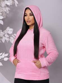 COLD COAT FUR SWEATSHIRT WITH HOOD AND POCKET Simple Casual Tweed Pocket Beach WINTER - Baby Pink - View 4