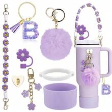 8件套杯子装饰配件，8-9毫米吸管盖，硅胶套30-40盎司，适用于史丹利杯，女孩圣诞礼物，DIY礼物创意装饰，感恩节装饰，朋友礼物装饰，圣诞派对装饰，史丹利配件，圣诞杯，返校用品 - 紫色26字母 - 查看 14