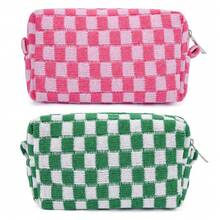 Checkered Makeup Bag Preppy Cosmetic Bag Bulk Blue Makeup Pouch Travel Toiletry Bag Organizer Cute Makeup Brushes Storage Bag Women Fashion - 綠色和玫瑰紅 - 查看 1