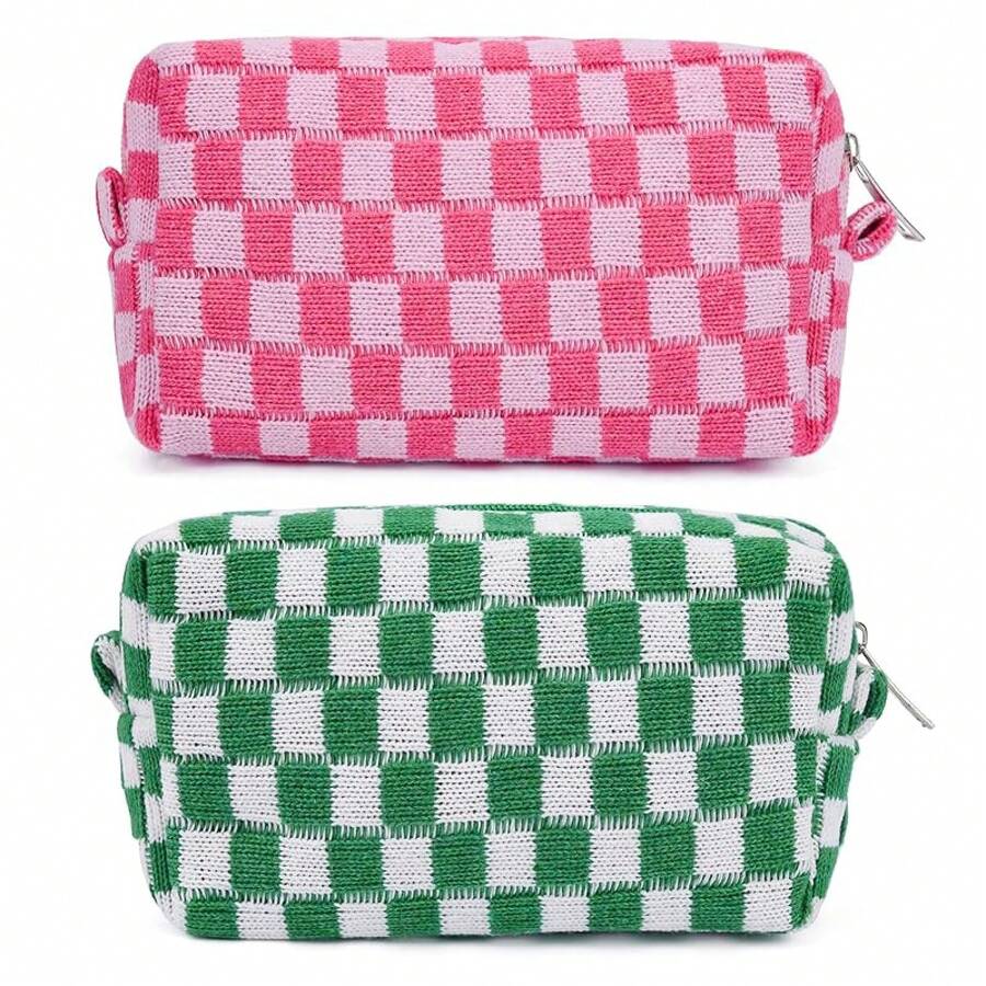 Checkered Makeup Bag Preppy Cosmetic Bag Bulk Blue Makeup Pouch Travel Toiletry Bag Organizer Cute Makeup Brushes Storage Bag Women Fashion - 綠色和玫瑰紅 - 查看 1