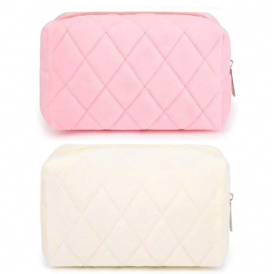 Checkered Makeup Bag Preppy Cosmetic Bag Bulk Blue Makeup Pouch Travel Toiletry Bag Organizer Cute Makeup Brushes Storage Bag Women Fashion - 柔粉色和白色 - 查看 1