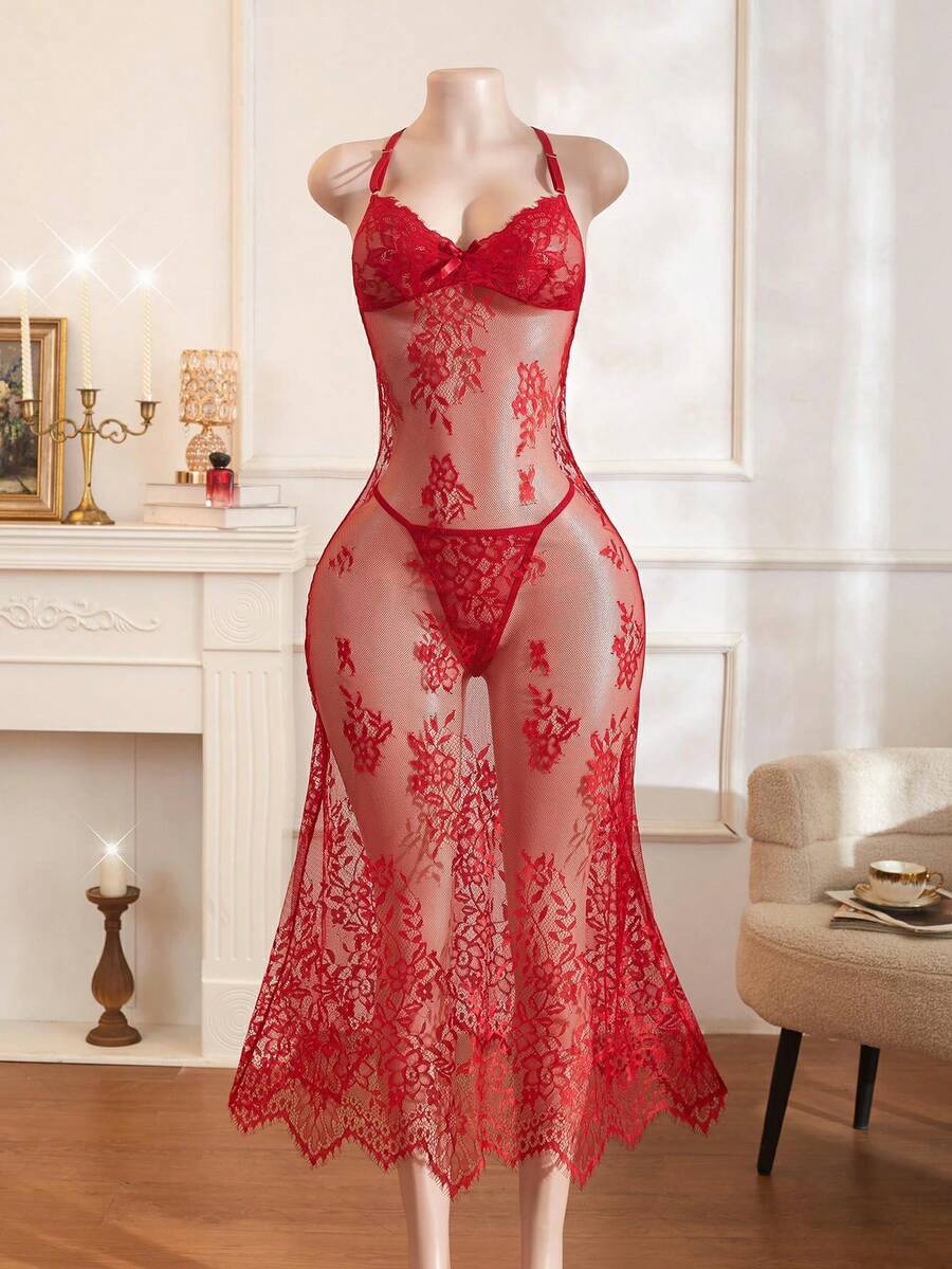 Bộ đồ ngủ hở lưng gợi cảm và quần lót dây G-String dành cho nữ - Màu Đỏ Sâu - Xem 1