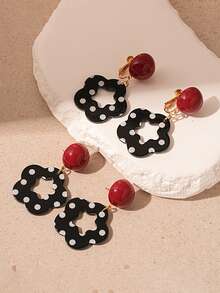 2 件复古撞色镂空波尔卡圆点花卉耳夹，时尚独特几何无穿孔耳环，女士珠宝配饰 - 紅色 - 查看 1