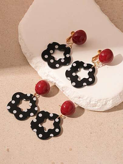 2 件复古撞色镂空波尔卡圆点花卉耳夹，时尚独特几何无穿孔耳环，女士珠宝配饰