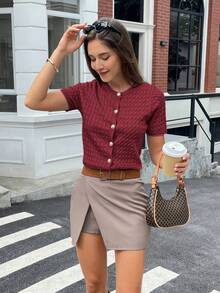 FOR BEAUTY Spring/Summer New Red Twist Flower Round Neck Button Short Sleeved Knitted Cardigan Tops, Simple Temperament, Commuting Style New Year Sweater Jacket - Red - View 2