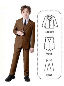 Bộ vest 3 món cho bé trai, bộ lễ phục trang trọng cho trẻ nhỏ, trang phục phù rể, áo khoác vest, quần tây, màu kaki, cỡ 6-14 tuổi. - Màu Khaki - Xem 4