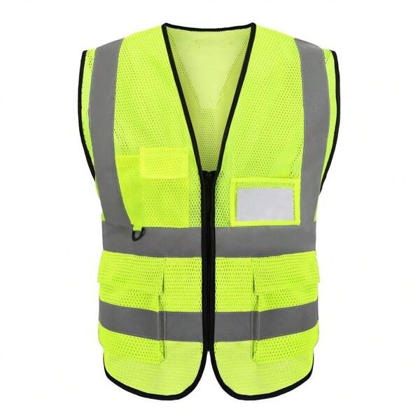 Peach Shaped Mesh With Multiple Pockets,Reflective Vest, Construction Site, Sanitation, Traffic, Yellow Reflective Vest, Multiple Pockets For Duty, Proxy Driving, Safety, Reflective Back