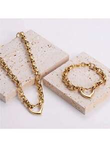 2 件/套不锈钢心形粗链手链和项链，时尚夸张风格，适合街头潮流情人节、妈妈、母亲、母亲节、礼物