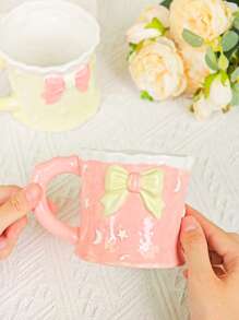 1 pieza Taza de cerámica con capacidad grande, creativa con diseño de lazo y luna 3D pintado a mano con estilo femenino