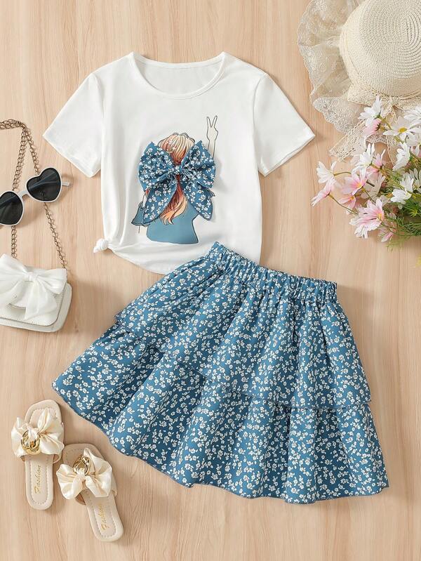 Set de 2 piezas Conjunto informal de niñas con Top estampada y falda floral diminuta para verano