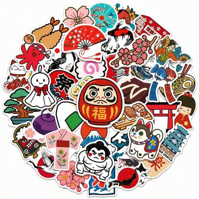 50 张日式海报贴纸，可爱卡通艺伎和达摩贴纸，防水 PVC 材质，适用于头盔装饰、汽车装饰、派对装饰、标签、自粘贴纸、剪贴簿、笔记本、手提电脑、行李箱、吉他、水瓶、手机壳、时尚装饰、办公室装饰