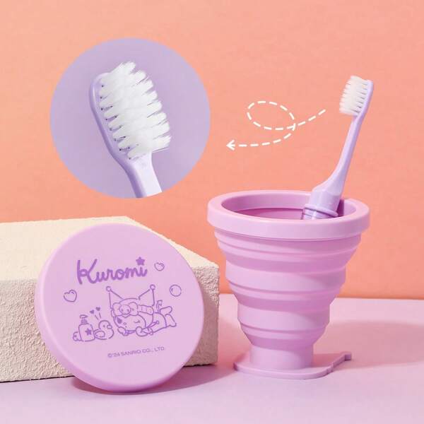 Miniso 2pcs/Set 150ML Sanrio Kuromi Folding Cup Toothbrush Mini Retractable Cup Silicone Portable Teacup Outdoor Travel Coffee Telescopic Drinking Mug With Lid