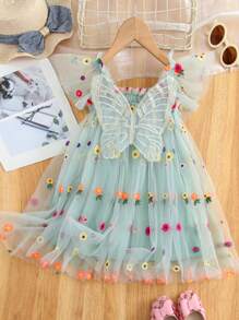 1pc Young Girls Cute Princess Glamorous Butterfly Decor Cap Sleeve Floral Embroidery Tulle Tutu Dress, Party/Birthday/Beach Vacation Dress, For Spring/Summer/Autumn