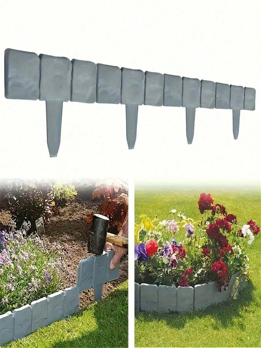 20pcs Grey Stone Pattern Plastic Garden Border Edging - Easy To Install Decorative Fence For Yard, Lawn And Balcony, Perfect For Flowerbed And Landscape Boundary