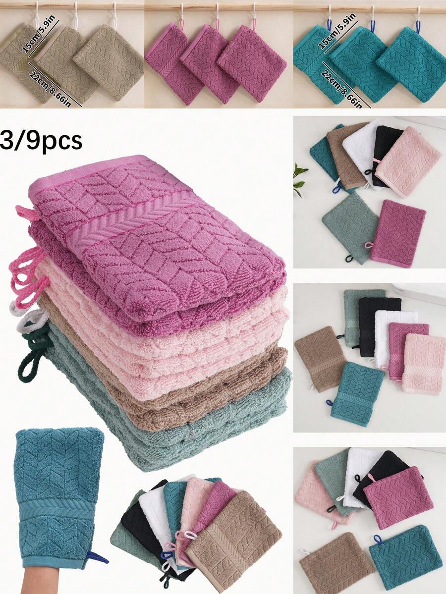 3/8/9件套沐浴手套，柔软洗脸沐浴巾，毛巾布材质，吸水温和，适用于沐浴，浴室毛巾，可重复使用卸妆手套，15*22厘米，多种颜色可选，适合返校使用 - 彩色 - 查看 1