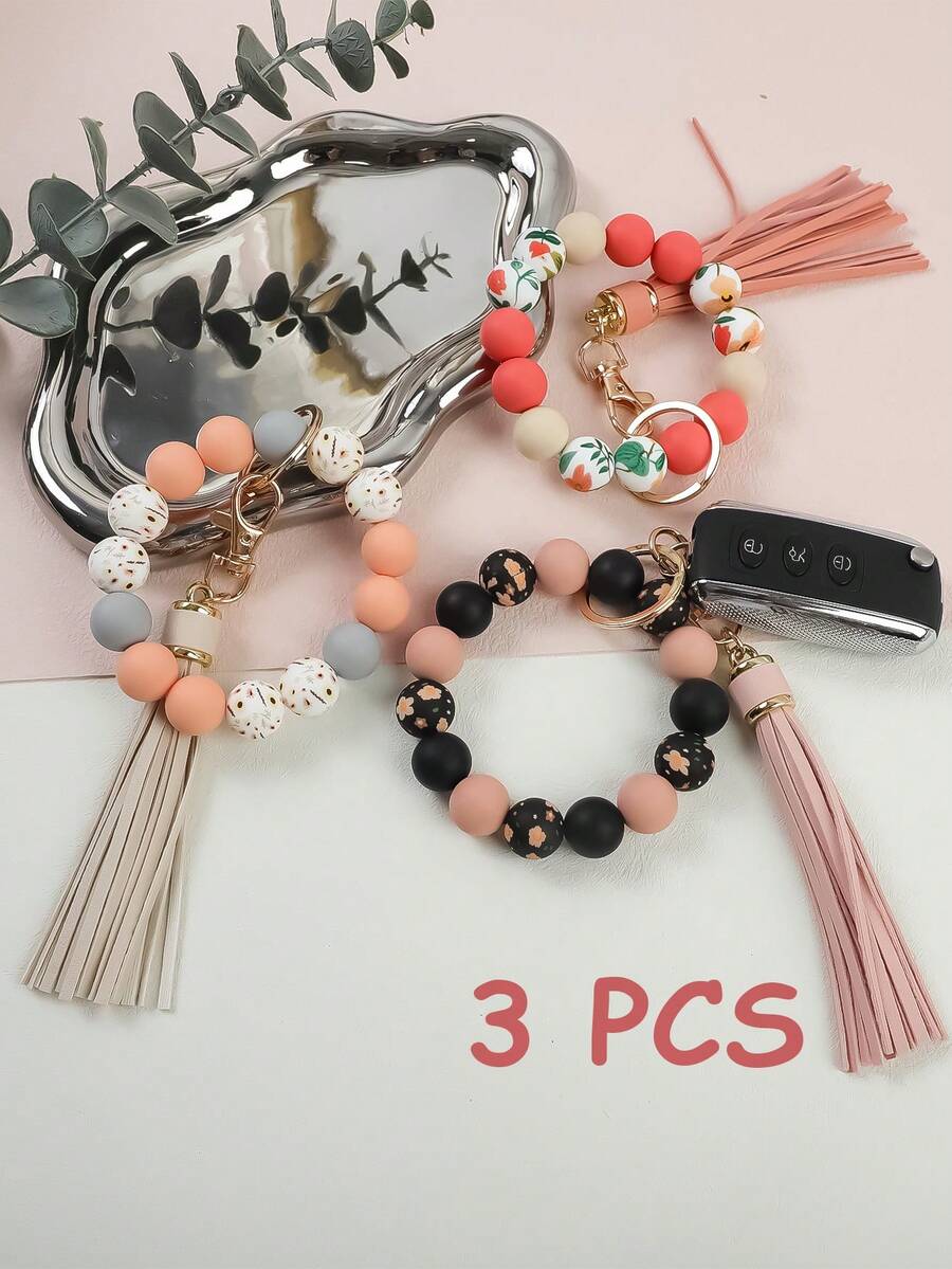 3-Piece Cute Printed Silicone Beads Solid Color Silicone Bead Beads Wrist PU Tassel Charm Keychain Bag Pendant Accessories Key Anti Loss Women's Bracelet Solo PU Tassel Pendant Gift For Friends, Relatives, And Friends Mother's Day Gift - Nhiều màu - Xem 1
