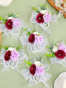 1pc Rose Wrist Corsage For Wedding Artificial Bridal Flower Corsage With Double Layer Pearl Bracelet Hand Decor For Prom Party Homecoming, Wristband Flowers Bride, Bridesmaid - Multicolor - View 5