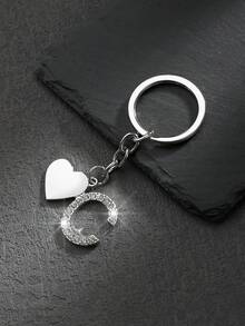 1pc Heart Shaped English Letter Keychain Pendant Accessory, Minimalist & Personalized Style With Transparent Rhinestone Inlay, Suitable For Men, Women, Couples, Car Keys, Bags And Gifts - Silver - View 4