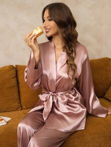 Women Casual Solid Color Satin Belted Robe & Pants Pajama Set, Fall Winter Clothes - Pink - View 10