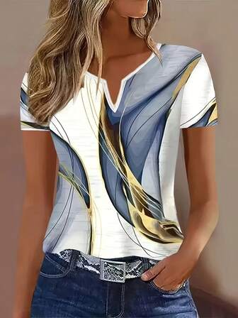 Women's Elegant Geometric Print V-Neck T-Shirt - Chic Short Sleeve, Stretchy Polyester Blend, White With Blue And Gold Abstract Pattern, Casual Yet Refined Style