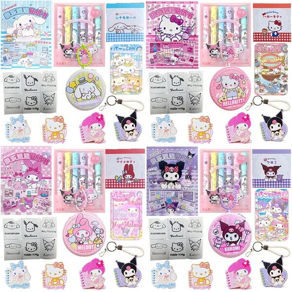 Sanrio Stationery Set - Hello Kitty Character Theme Spiral Notebook Set, My Melody Cute Mini Spiral Notebook, Kuromi Happy Bubble Sticker Book, Cinnamoroll Kawaii Coin Purse, Hello Kitty Highlighter, Notepad, Card Holder